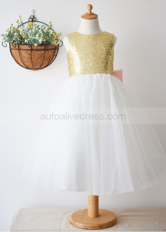 Heart-shaped Keyhole Gold Sequin Tulle Flower Girl Dress